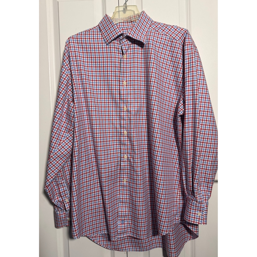 David Donahue Button Down Shirt Mens 17.5 34/35 Red Blue Gingham Excellent